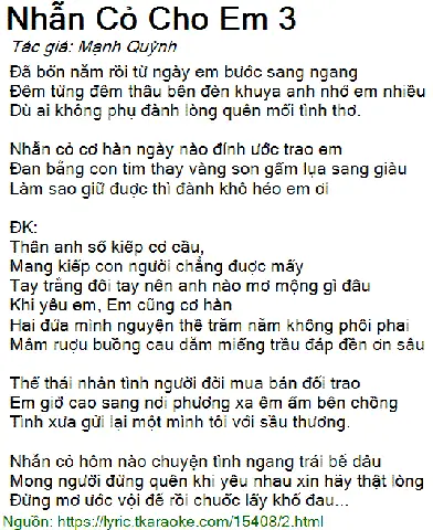 Nghe Và Xem Nhẫn Cỏ Cho Em 3 Của Mạnh Quỳnh Ở Đâu Cùng Lời Bài Hát Đầy Đủ Nghe Và Xem Nhẫn Cỏ Cho Em 3 Của Mạnh Quỳnh Ở Đâu Cùng Lời Bài Hát Đầy Đủ