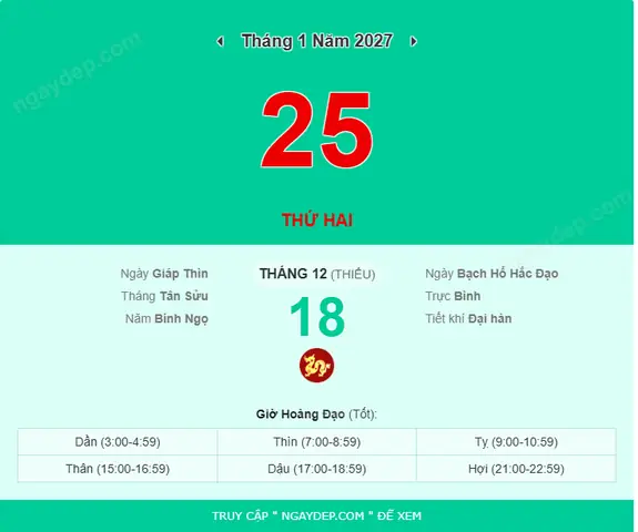 Xem Lịch Vạn Niên Ngày 25/1/2027: Âm Lịch, Giờ Hoàng Đạo, Nên Kiếng Và Hướng Dẫn Cúng Tổ Chi Tiết
