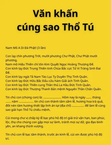 Hướng Dẫn Cúng Sao Thổ Tú Chi Tiết: Văn Khấn Giải Hạn Chuẩn, Lễ Vật, Thời Gian Và Sơ Đồ Sắp Đặt