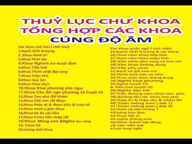 Tổng Hợp Danh Sách Khoa Cúng Độ Âm Thông Dụng Song Ngữ: Nghi Thức, Nội Dung Và Hướng Dẫn Mua Sách Chuẩn Tổng Hợp Danh Sách Khoa Cúng Độ Âm Thông Dụng Song Ngữ: Nghi Thức, Nội Dung Và Hướng Dẫn Mua Sách Chuẩn