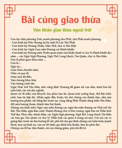 Văn Khấn Giao Thừa Đầy Đủ: Hướng Dẫn Cúng Bái Trong Nhà & Ngoài Trời Chuẩn Phong Tục Văn Khấn Giao Thừa Đầy Đủ: Hướng Dẫn Cúng Bái Trong Nhà & Ngoài Trời Chuẩn Phong Tục