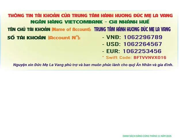 Danh Sách Ân Nhân Dâng Cúng Xây Dựng Đức Mẹ La Vang & Giá Vàng Usd Cập Nhật