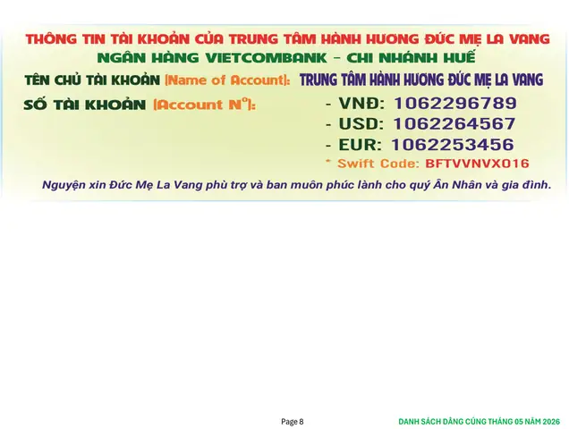 Danh Sách Ân Nhân Dâng Cúng Xây Dựng Đức Mẹ La Vang & Giá Vàng Usd Cập Nhật