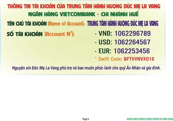 Danh Sách Ân Nhân Dâng Cúng Xây Dựng Đức Mẹ La Vang & Giá Vàng Usd Cập Nhật