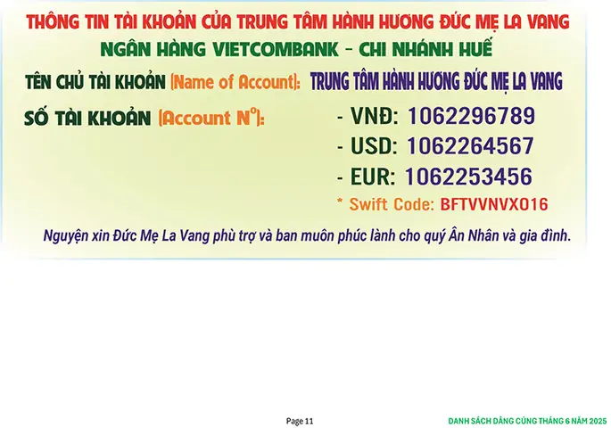 Danh Sách Ân Nhân Dâng Cúng Xây Dựng Đức Mẹ La Vang & Giá Vàng Usd Cập Nhật